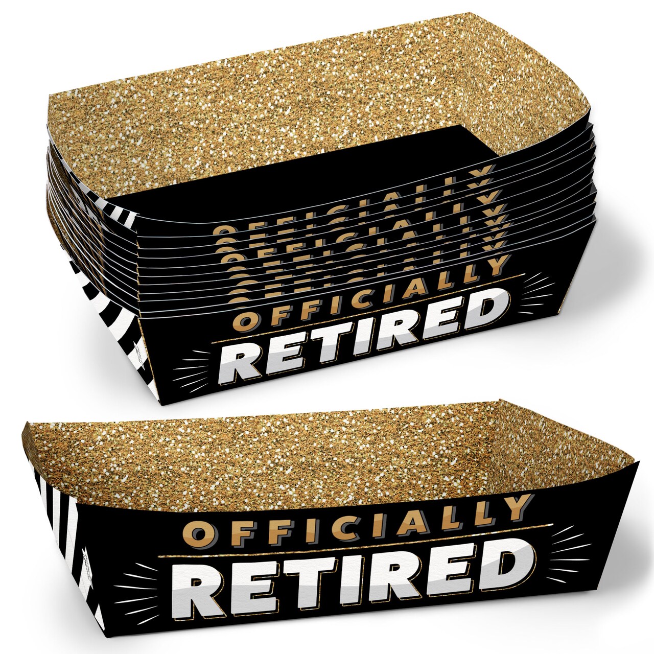 Big Dot of Happiness Officially Retired Party Paper Food Trays, Disposable Food Boats, Retirement Picnic BBQ, Double-Sided Paper Meal Holders - 12 Ct